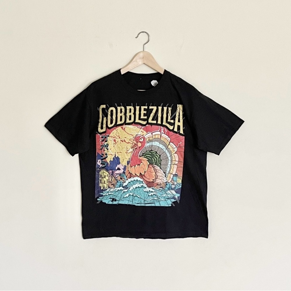 Gobblezilla Monster Turkey Day Thanksgiving Graphic Black T Shirt Adult Large